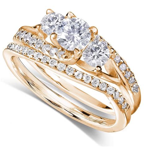 GIA Certified 1 Carat Trilogy Round Diamond Wedding Ring Set in Yellow Gold - JeenJewels