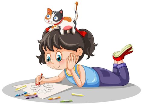 Free Vector | A girl drawing picture with cats nearby