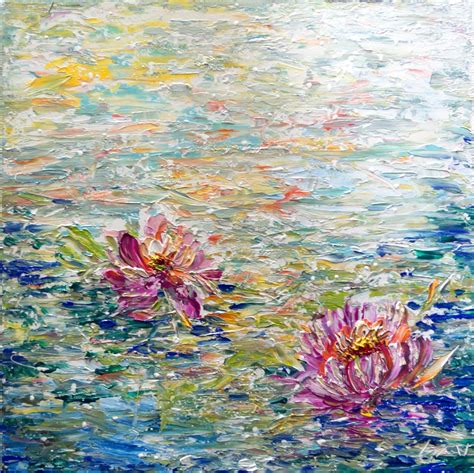 Japanese LOTUS Flowers WATER Lilies Painting Impasto Original Painting on Canvas