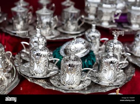 Silver Turkish coffee set at Istanbul market Stock Photo - Alamy