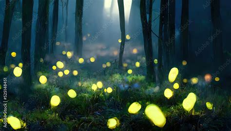 Fireflies, night forest landscape. Digital painting, 4k, high quality. Insects in forest at ...