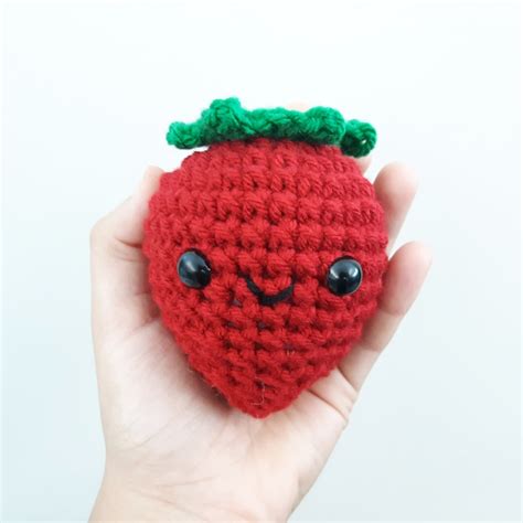 Strawberry Plush Stuffed Decoration Plushie Toy 4 Inches Handmade Crocheted Berry Red Smiling ...