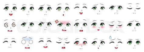 Manga expression. Anime girl facial expressions. Eyes, mouth and nose, eyebrows in japanese ...