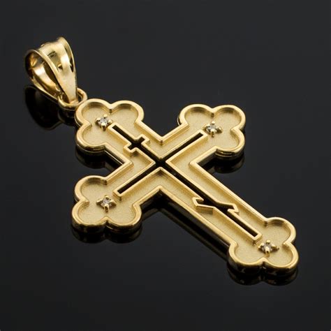 Gold Russian Eastern Orthodox Diamond Cross Pendant