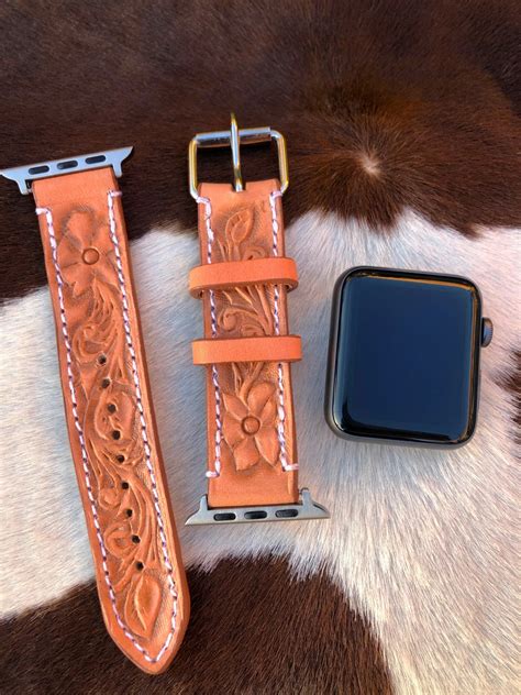 Hibiscus ” Tooled Leather Apple Watch Band ( Natural ) | Ale Accessories