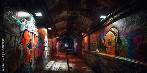 Long empty tunnel with graffiti on the wall. Bright graffiti in an underground tunnel. Dim light ...