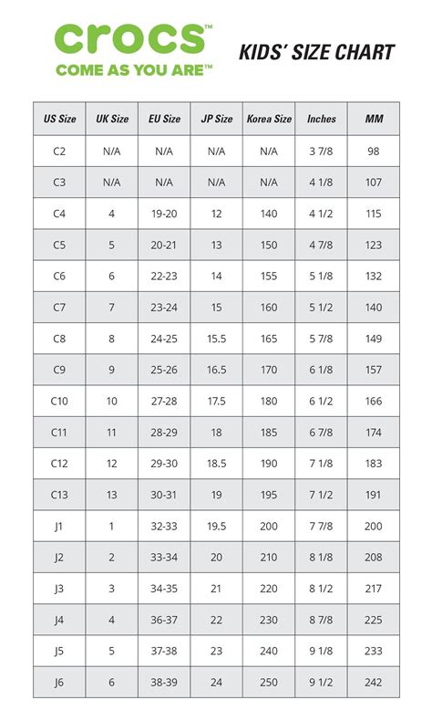 Crocs Printable Size Chart