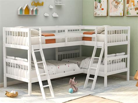 L-Shaped Twin Size Bunk Bed and Loft Bed, Solid Wood Twin Bunk Bed Loft ...