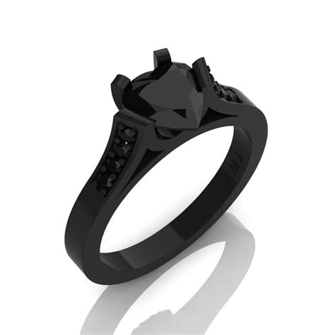 Gorgeous 14K Black Gold 1.0 Ct Heart Black Diamond Modern Wedding Ring Engagement Ring for Women ...