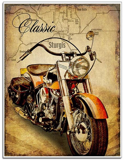 A beautiful art print of classic motorcycle. Map of the road to Sturgis is artistically added to ...