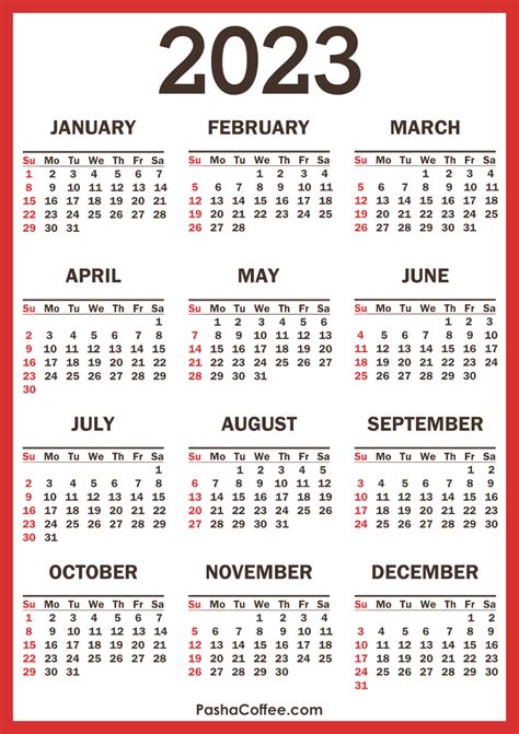 2023 Calendar with Holidays, Printable Free, Vertical, Red – PashaCoffee.com | Calendar ...