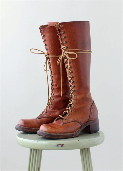 Vintage 1970s Brown Leather Tall Lace Up Boots - Raleigh Vintage