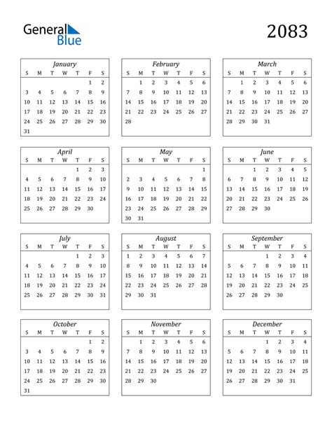 2083 Calendar (PDF, Word, Excel)