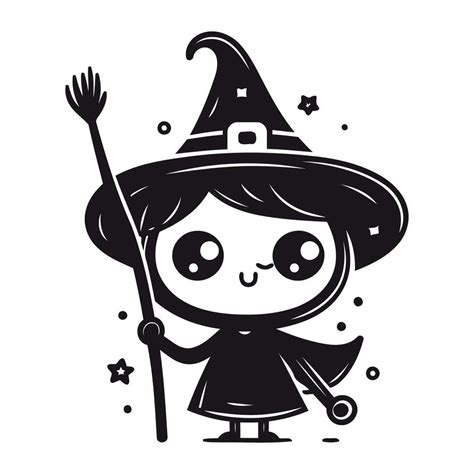 Black and white illustration of a cute little witch holding a magic ...