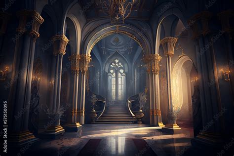 A Realistic Fantasy Interior Of The Royal Palace. Golden Palace. Castle Interior. Fiction ...