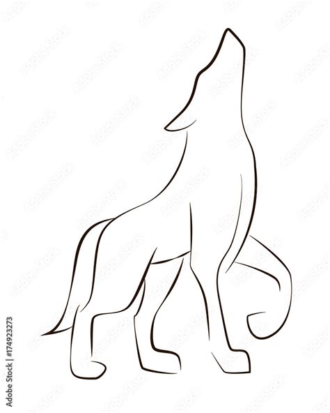 Standing black line wolf on white background. Hand drawing howling vector graphic wolf. Stock ...