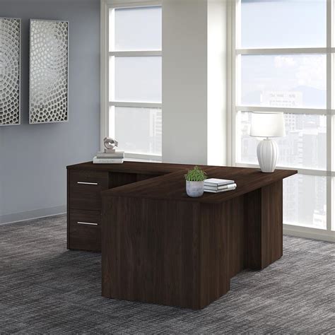 Office 500 72W L Shaped Desk with Drawers in Black Walnut - Engineered Wood | Cymax Business