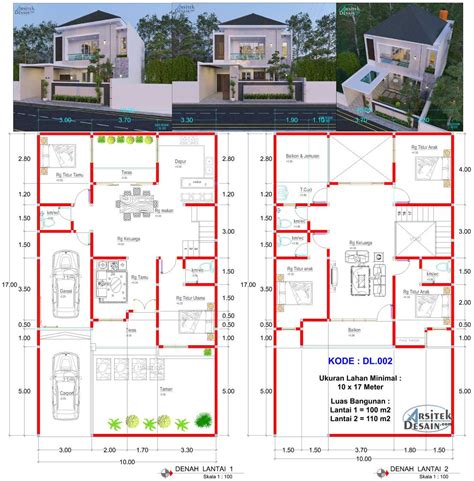 Rumah Minimalis 2 Lantai 5 Kamar Tidur Ukuran 10 x 17 meter - Arsitek Desain