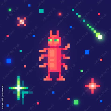 Alien in outer space. Cute monster in pixel art. 8 bit retro style vector illustration Stock ...