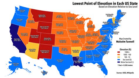 [OC] Lowest Point of Elevation in Each US State : r/MapPorn