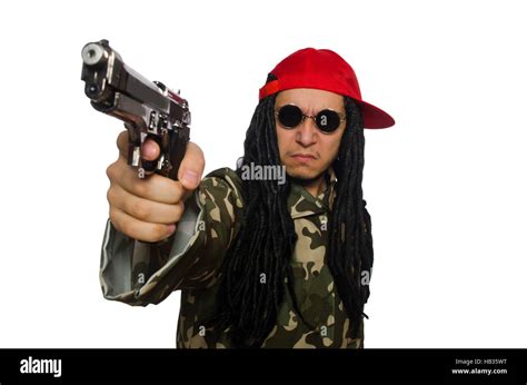 Funny guy with gun isolated on white Stock Photo - Alamy