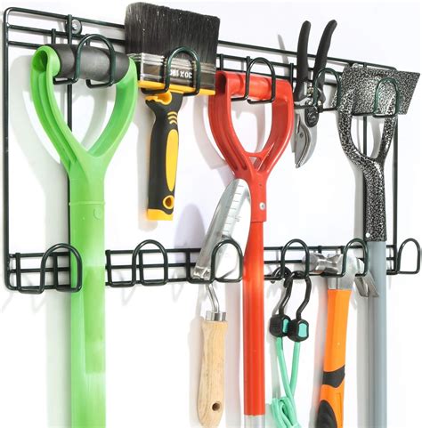 Double Garden Tool Rack - Wall Mounted Tool Holder, Hanging Rack with 11 hooks for your Shed or ...