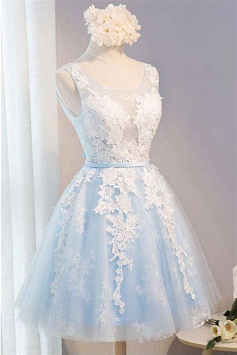 Elegant Light Blue And Ivory Lace Short Simple Homecoming Dresses on Luulla