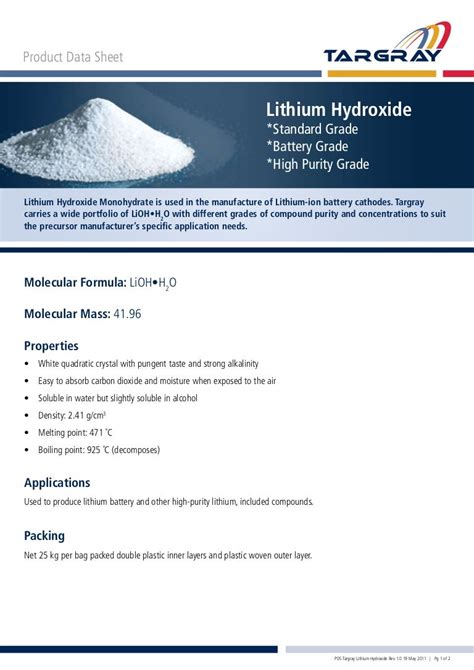 Lithium Hydroxide Monohydrate for Lithium-Ion Battery Manufacturing