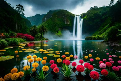 beautiful waterfall, flowers, water, nature, waterfall, hd wallpaper. AI-Generated 32242170 ...