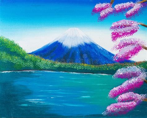 Fuji mountain painting stock photo. Image of style, sakura - 81369404