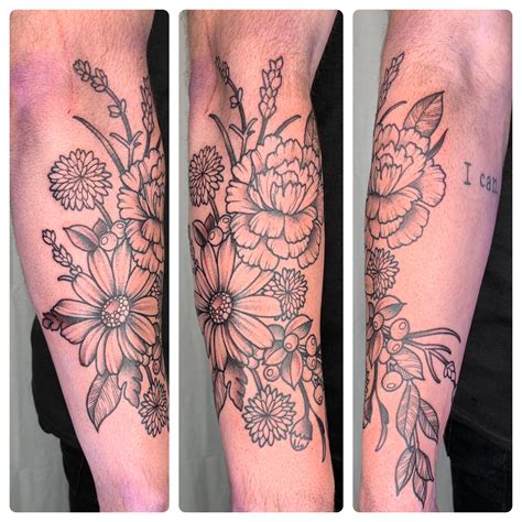 Carnations, dandelions, Daisies, lavender, and huckleberries. Tattoo by English Cousins at Safe ...