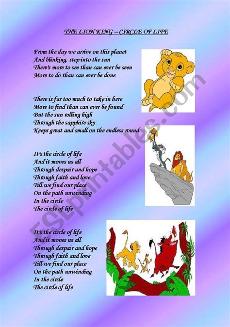 THE LION KING - THE CIRCLE OF LIFE - ESL worksheet by AGUILA Esl Lessons, English Lessons For ...