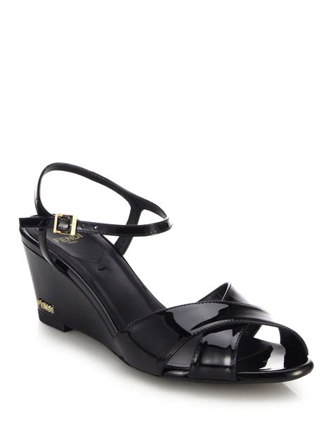 Fendi Patent Leather Wedge Sandals in Black - Lyst