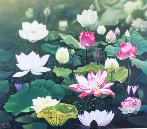 Realist Painting of Pink and White Lotus Flowers (2019) - Lotus at Dawn | NOVICA