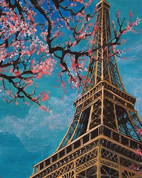 Eiffel Tower Oil Painting on Canvas(100% Hand painting),Beautiful Plum Flower Blue Sky Painting ...