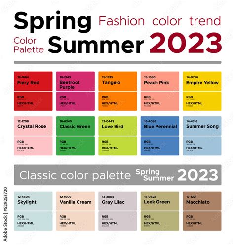 Fashion color trends Spring Summer 2023. Palette fashion colors guide with named color swatches ...