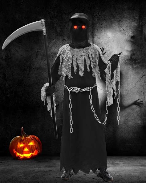 Woochic Grim Reaper Costume for Kids, Light Up Red Eyes Glow in the ...