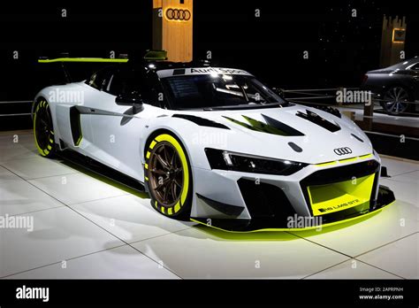 BRUSSELS - JAN 9, 2020: Audi R8 LMS GT2 sports car showcased at the Brussels Autosalon 2020 ...