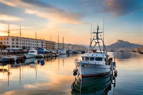 Premium AI Image | a boat in the harbor at sunset