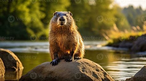 Close-up photo of a Woodchuck looking in their habitat. Generative AI ...