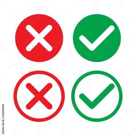 Set of check mark icons. rounded green tick and red cross in circle. Flat cartoon style buttons ...