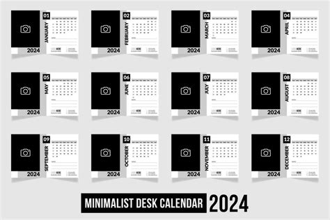 Minimalist Trendy Desk Calendar Design 2024. Set of 12 Pages Table Calendar. Black and White ...