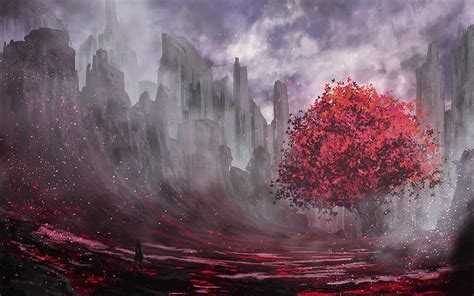 HD wallpaper: trees, fantasy art, red, landscape | Wallpaper Flare