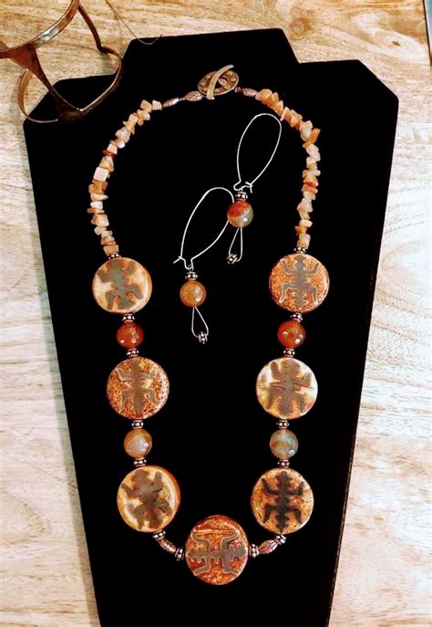 Jasper, Carnelian “Adinkra” symbol (understanding) necklace, matching earrings – G-Ma Jewels