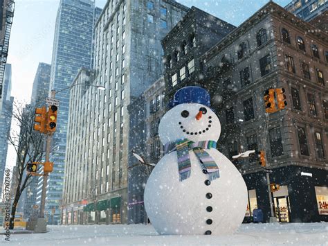 blizzard in new york city. build snowman. 3d rendering Stock Illustration | Adobe Stock