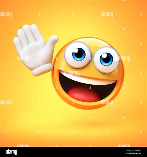 Emoji waving with one hand isolated on yellow background, good bye emoticon 3d rendering Stock ...