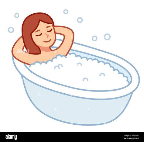 Cute cartoon woman taking bubble bath. Pretty girl relaxing in bathtub ...