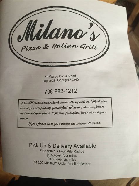 Menu at Milano's Pizza pizzeria, LaGrange