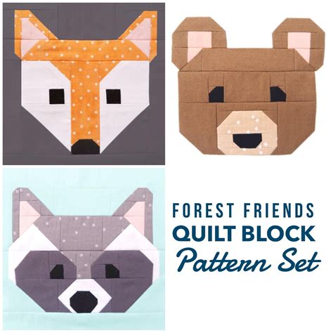 Set of 4 Forest Friends Animal Quilt Block Patterns: Fox, Bear, Deer and Raccoon 6, 12, 18, and ...