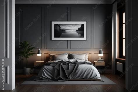 gray sleeping quarters Dark wood floor with a bed. bedroom with a ...